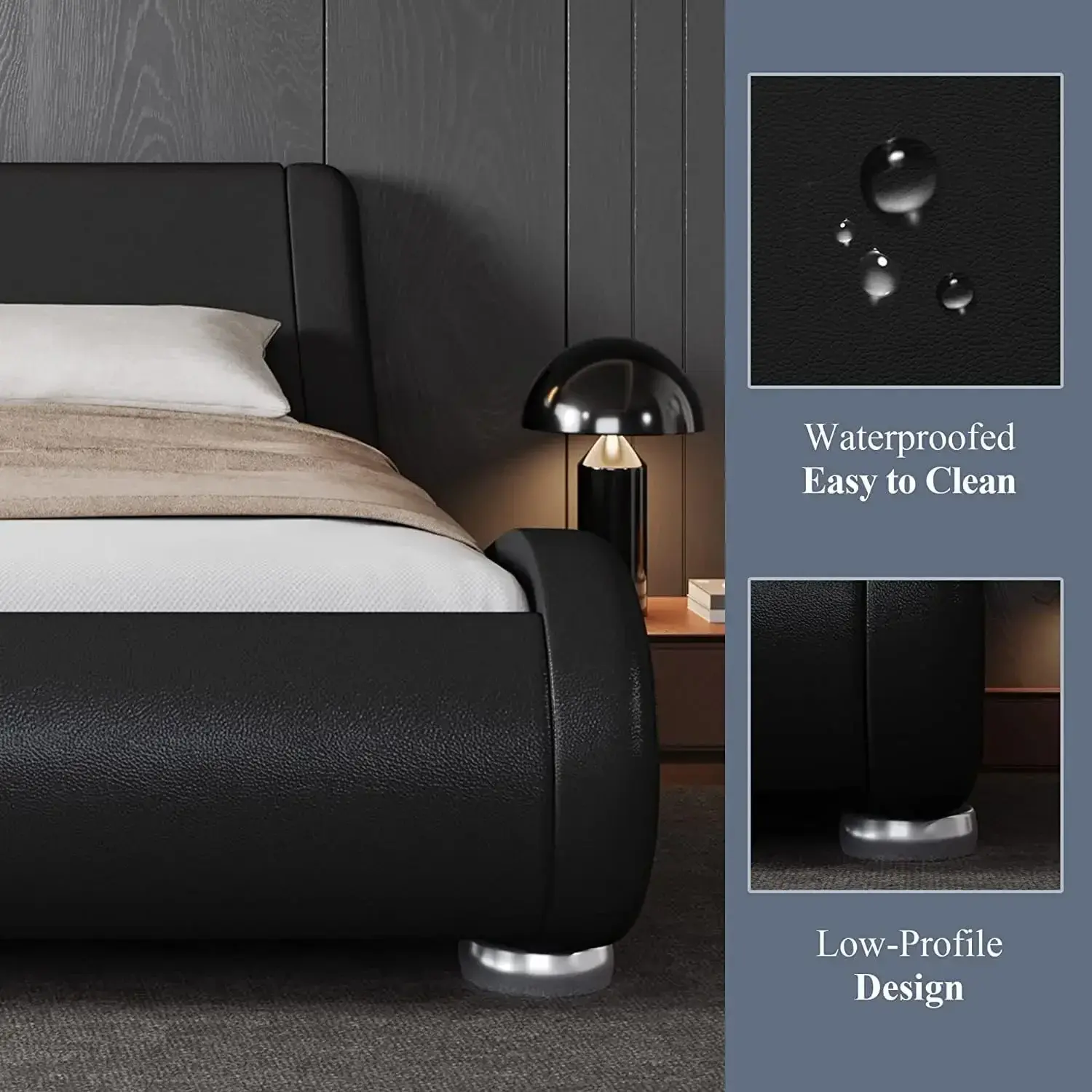 Queen Size Bed Frame with Ergonomic & Adjustable Headboard, Low Profile Modern Upholstered Platform Sleigh Design , Black
