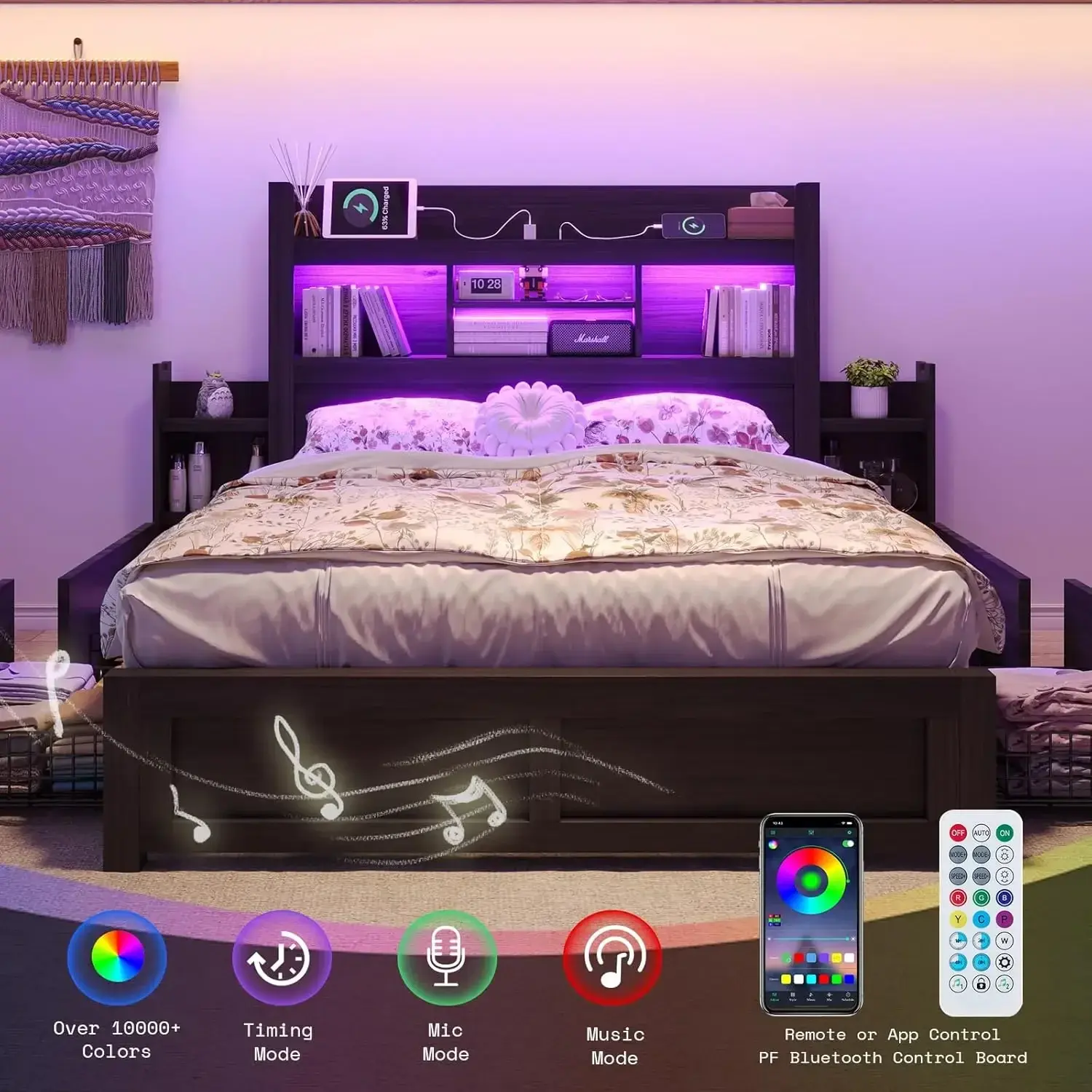 Queen Bed Frame with 49.6" Bookcase Headboard & 2 Bedside Stoage Racks & 4 Drawers, Farmhouse Wood Bed Frame