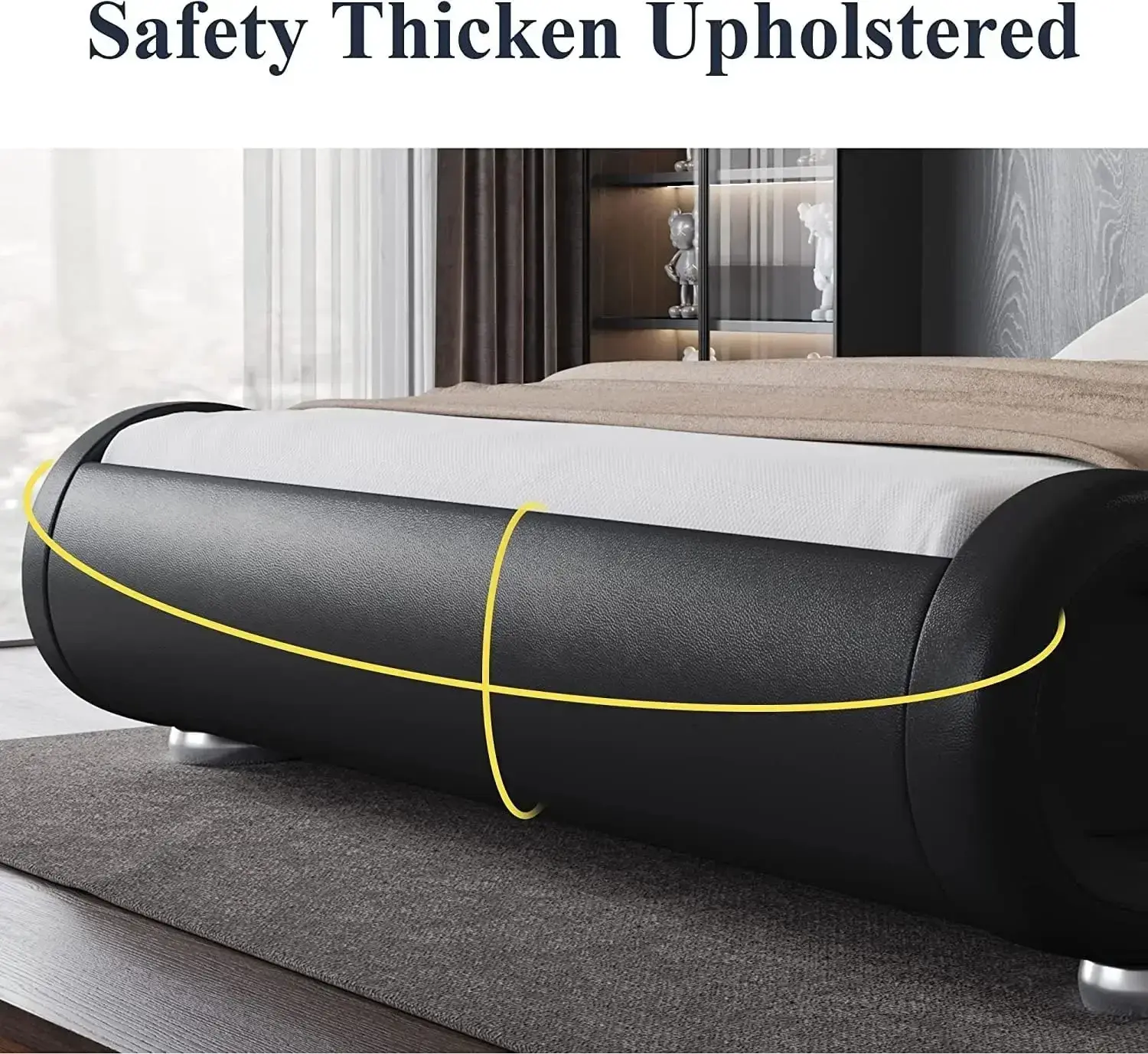 Queen Size Bed Frame with Ergonomic & Adjustable Headboard, Low Profile Modern Upholstered Platform Sleigh Design , Black