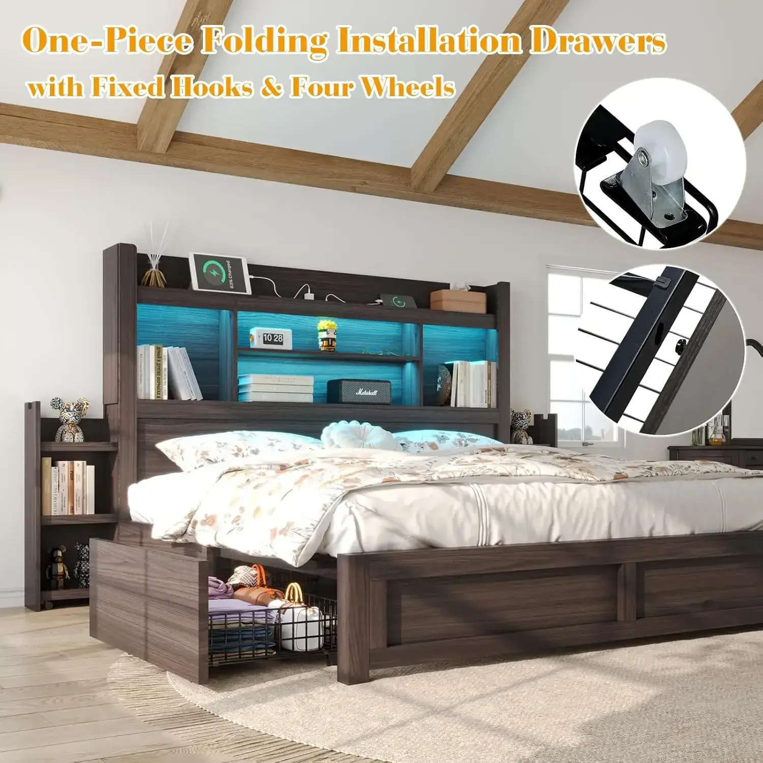 Queen Bed Frame with 49.6" Bookcase Headboard & 2 Bedside Stoage Racks & 4 Drawers, Farmhouse Wood Bed Frame
