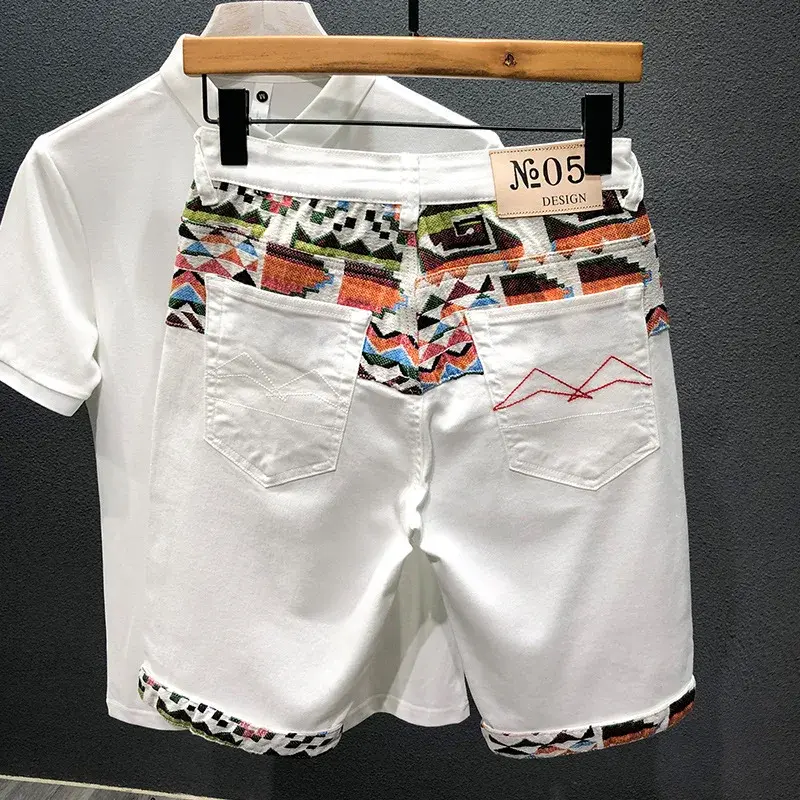 New Summer Men Blue Denim Shorts Stretch Shorts Jeans Hight Quality Male Cotton Straight Patchwork Denim Jeans Elastic Shorts 38