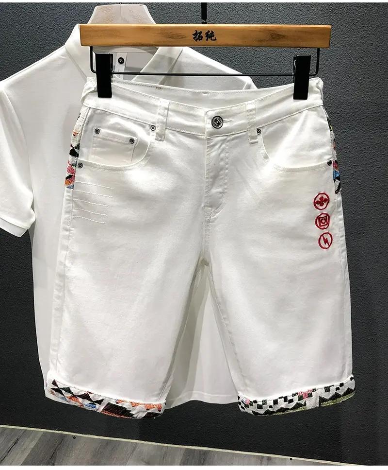 New Summer Men Blue Denim Shorts Stretch Shorts Jeans Hight Quality Male Cotton Straight Patchwork Denim Jeans Elastic Shorts 38