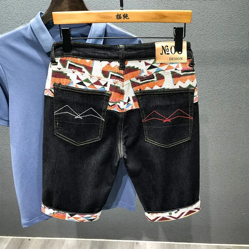 New Summer Men Blue Denim Shorts Stretch Shorts Jeans Hight Quality Male Cotton Straight Patchwork Denim Jeans Elastic Shorts 38