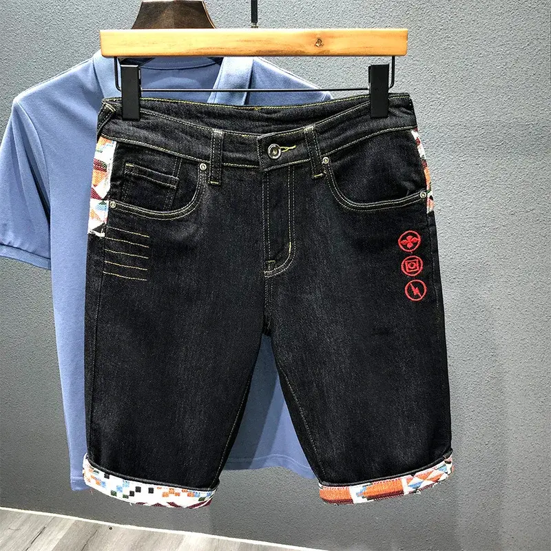 New Summer Men Blue Denim Shorts Stretch Shorts Jeans Hight Quality Male Cotton Straight Patchwork Denim Jeans Elastic Shorts 38