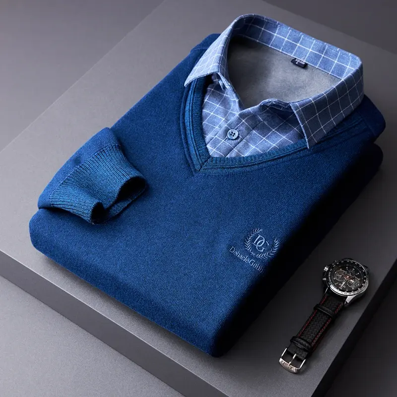 Men Sweaters Shirts Pullovers Fake Two-Pieces Shirts Knitwear Fleece Warm Sweaters Male Business Casual Pullovers Sweaters 4XL