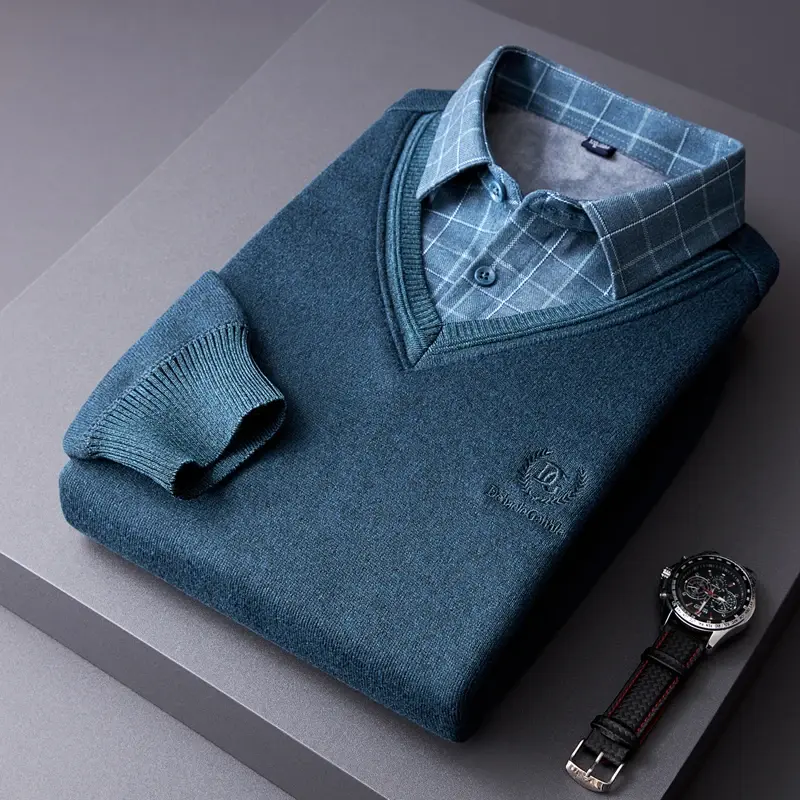 Men Sweaters Shirts Pullovers Fake Two-Pieces Shirts Knitwear Fleece Warm Sweaters Male Business Casual Pullovers Sweaters 4XL