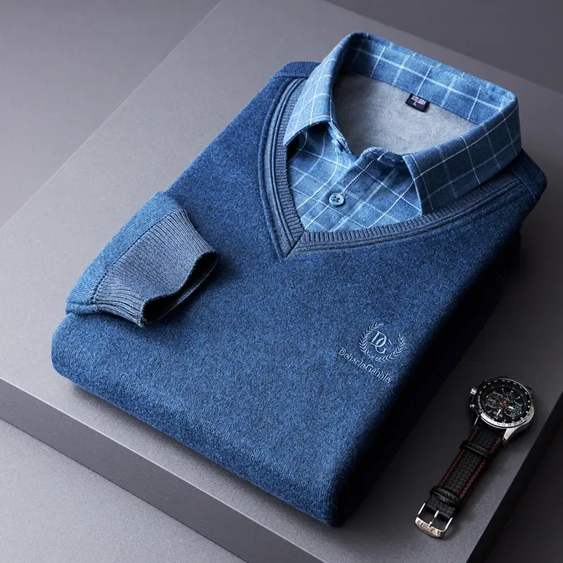 Men Sweaters Shirts Pullovers Fake Two-Pieces Shirts Knitwear Fleece Warm Sweaters Male Business Casual Pullovers Sweaters 4XL