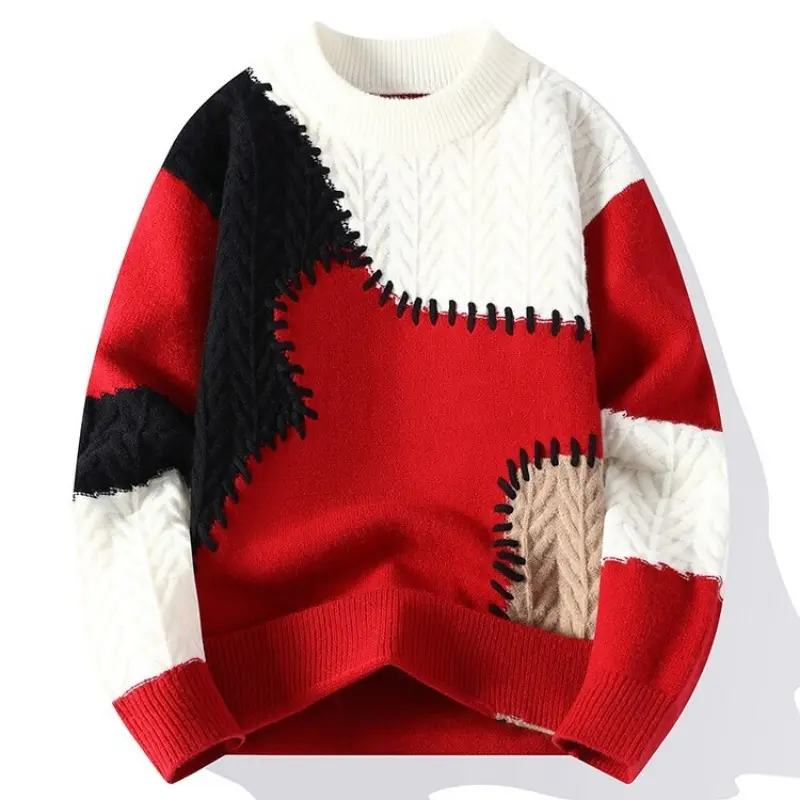 New Fashion Men O-Neck Pullovers Winter Knitted Sweaters Splicing Casual Sweaters High Quality Male Loose Pullovers Clothing 4XL