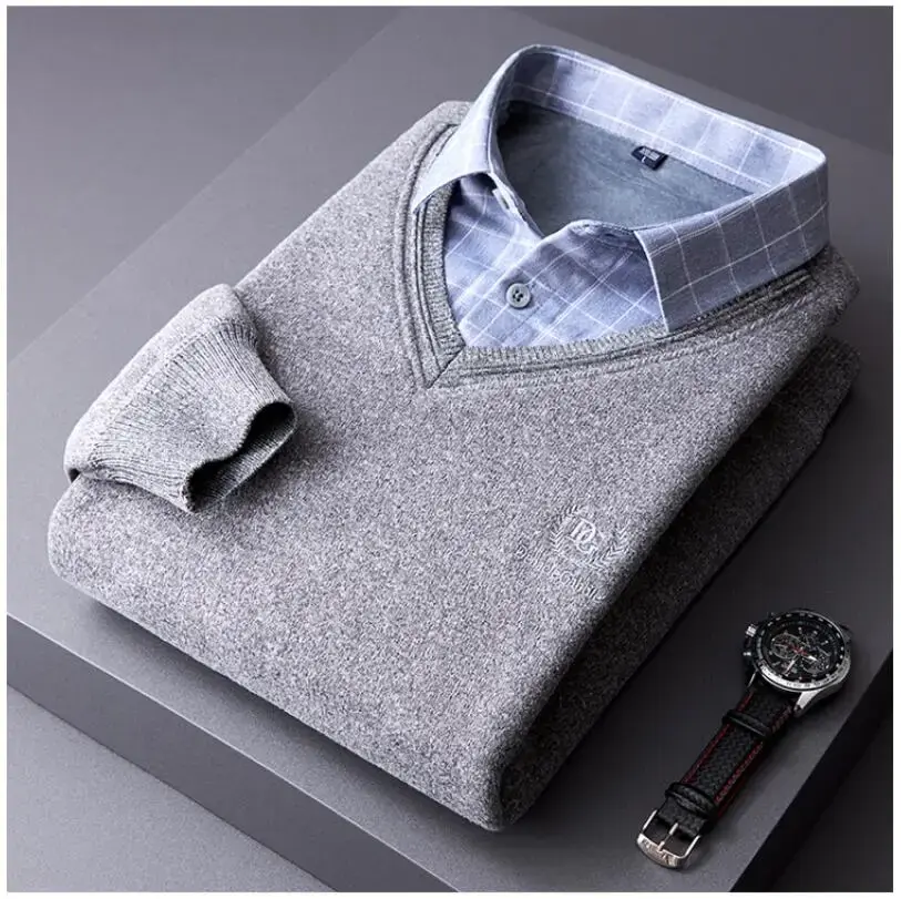 Men Sweaters Shirts Pullovers Fake Two-Pieces Shirts Knitwear Fleece Warm Sweaters Male Business Casual Pullovers Sweaters 4XL
