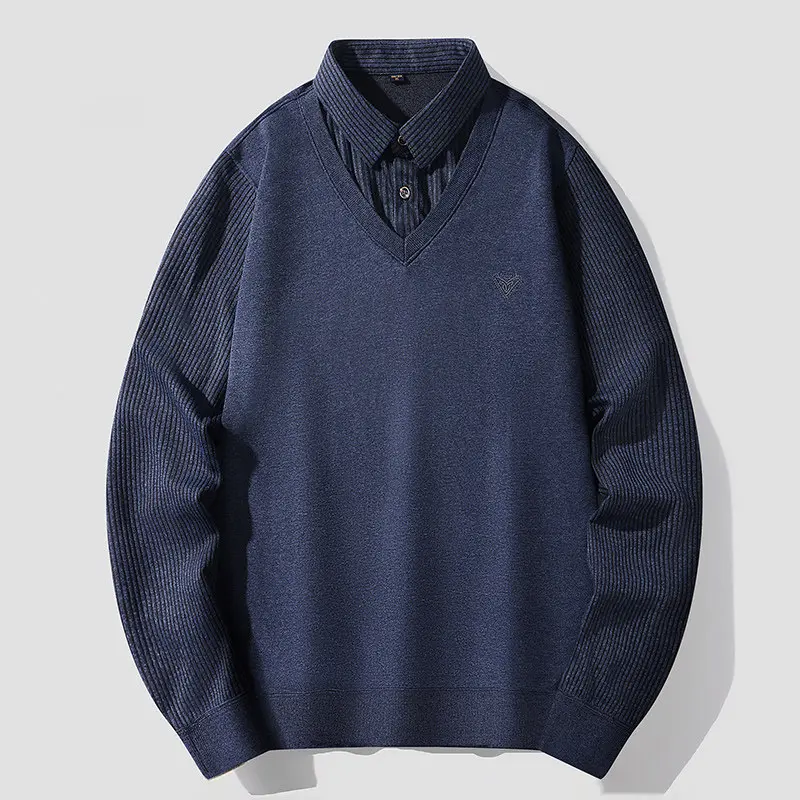 New Spring Thin Men Knitted Sweaters Twinset Shirts Outwear Casual Pullovers Autumn Male Fake Two Pieces Shirts Sweaters 4XL