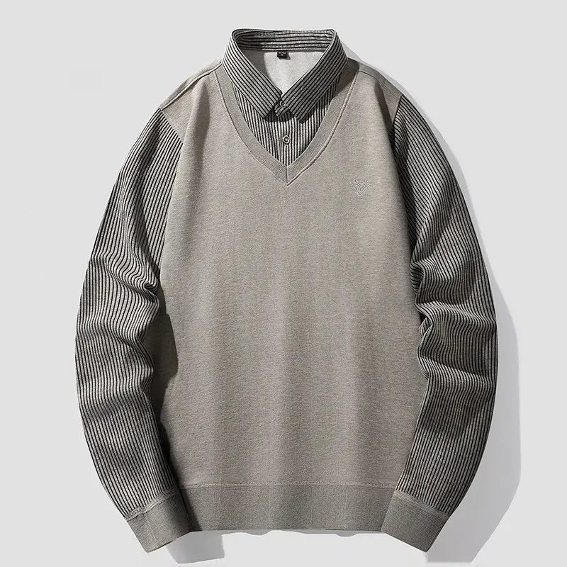 New Spring Thin Men Knitted Sweaters Twinset Shirts Outwear Casual Pullovers Autumn Male Fake Two Pieces Shirts Sweaters 4XL