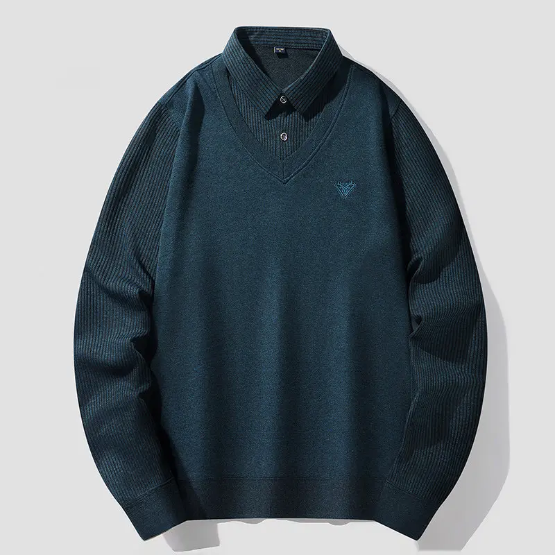 New Spring Thin Men Knitted Sweaters Twinset Shirts Outwear Casual Pullovers Autumn Male Fake Two Pieces Shirts Sweaters 4XL