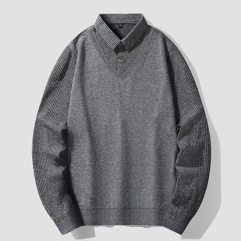 New Spring Thin Men Knitted Sweaters Twinset Shirts Outwear Casual Pullovers Autumn Male Fake Two Pieces Shirts Sweaters 4XL