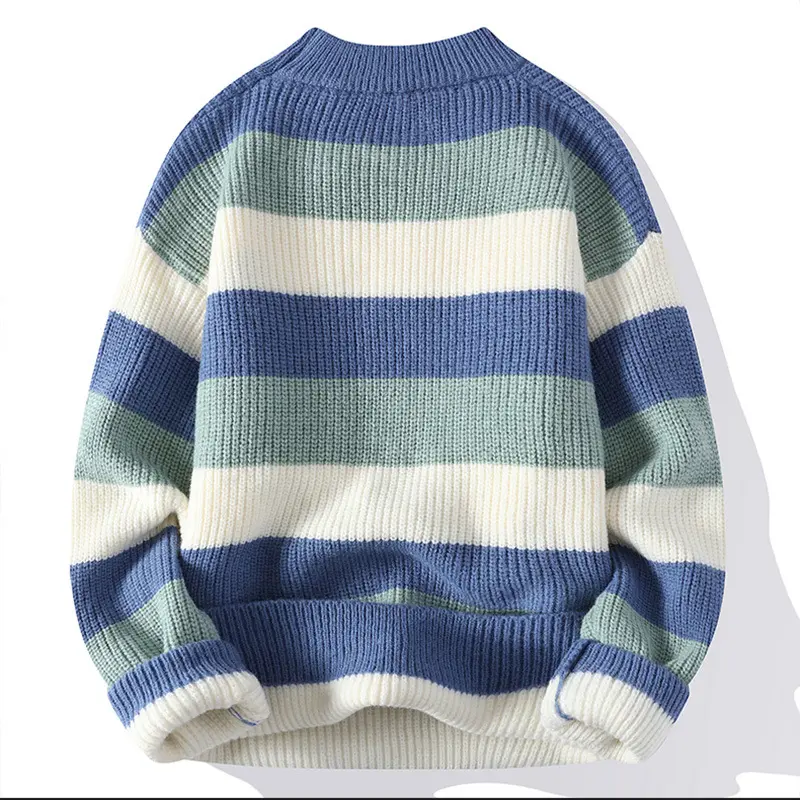 New Fashion Men Mock Neck Pullovers Knitted Sweater Outwear Striped Casual Sweaters Quality Male Loose Pullovers Winter Clothing