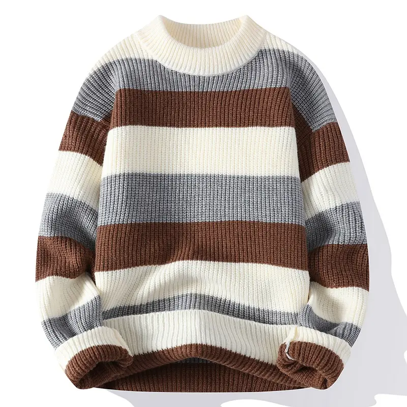 New Fashion Men Mock Neck Pullovers Knitted Sweater Outwear Striped Casual Sweaters Quality Male Loose Pullovers Winter Clothing