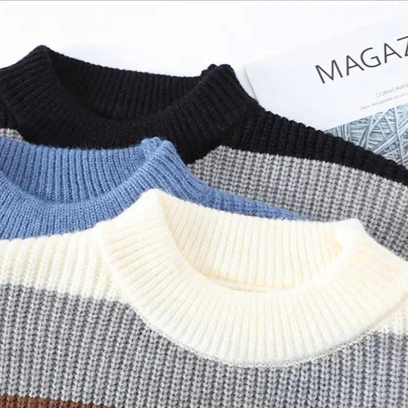 New Fashion Men Mock Neck Pullovers Knitted Sweater Outwear Striped Casual Sweaters Quality Male Loose Pullovers Winter Clothing