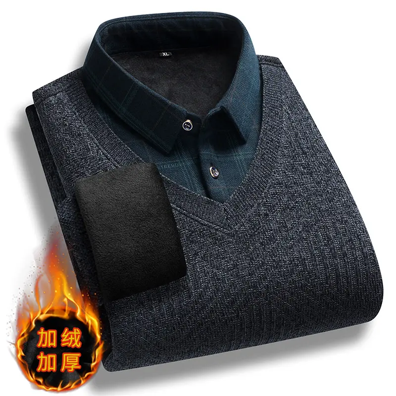 New Winter Men Shirt Collar Sweaters Male Casual Knitted Pullover Sweaters High Quality Man Outwear Fleece Warm Sweatercoats 5XL