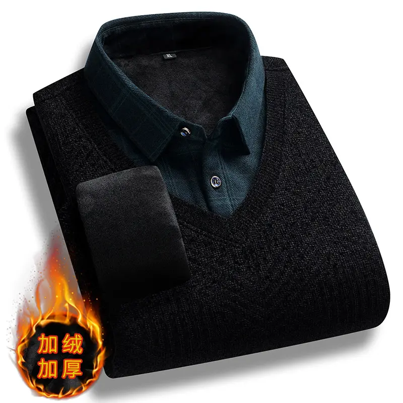 New Winter Men Shirt Collar Sweaters Male Casual Knitted Pullover Sweaters High Quality Man Outwear Fleece Warm Sweatercoats 5XL