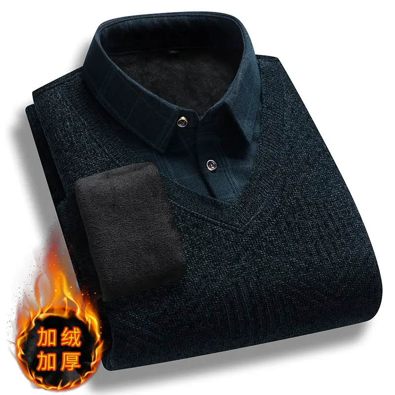 New Winter Men Shirt Collar Sweaters Male Casual Knitted Pullover Sweaters High Quality Man Outwear Fleece Warm Sweatercoats 5XL