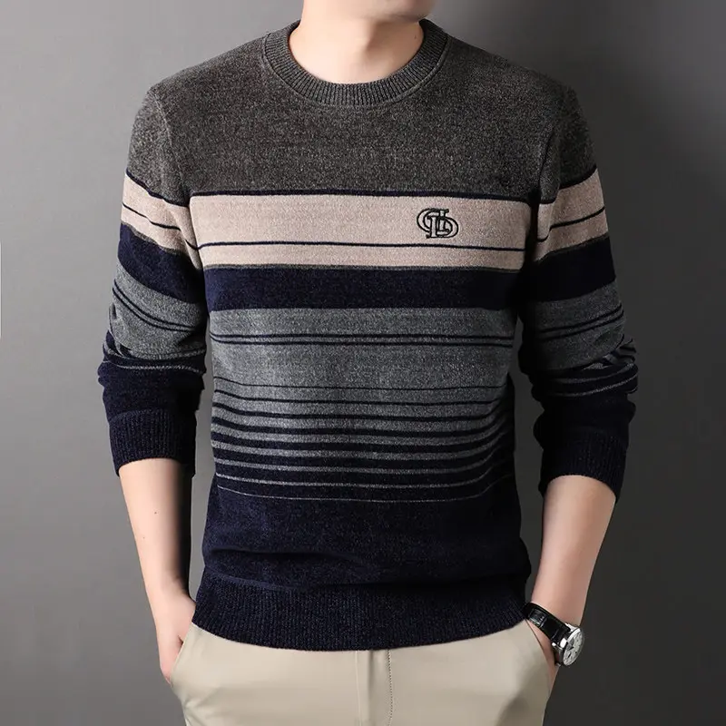 New Winter Men O-neck Knited Sweaters Quality Male Business Casual Striped Pullovers Sweaters Man Fleece Warm Winter Clothing 4X