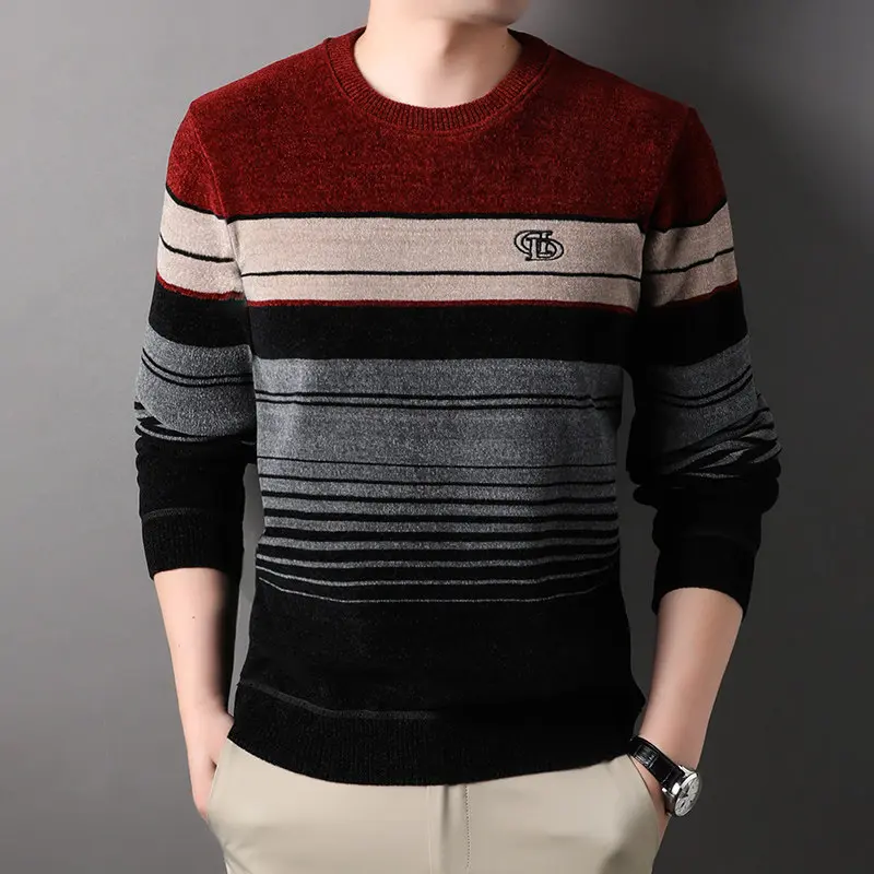 New Winter Men O-neck Knited Sweaters Quality Male Business Casual Striped Pullovers Sweaters Man Fleece Warm Winter Clothing 4X