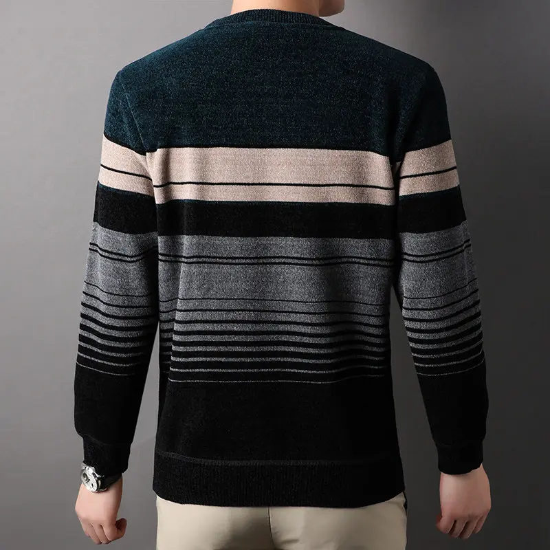 New Winter Men O-neck Knited Sweaters Quality Male Business Casual Striped Pullovers Sweaters Man Fleece Warm Winter Clothing 4X