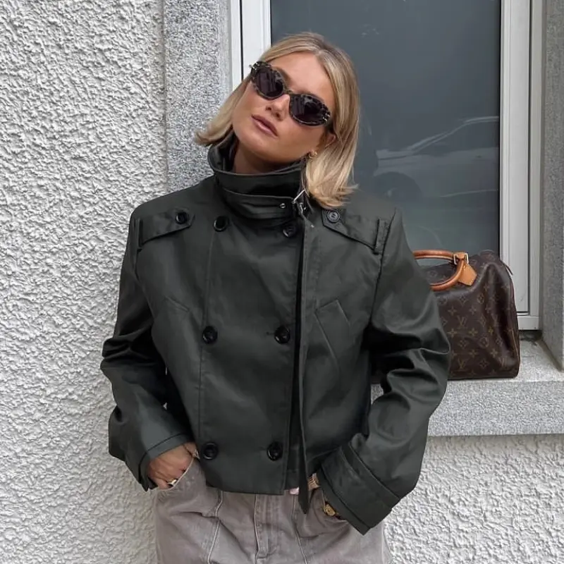 British Trench Coat Waxed High Collar Short Double Breasted Jacket Loose Casual Versatile Popular Autumn Fashion
