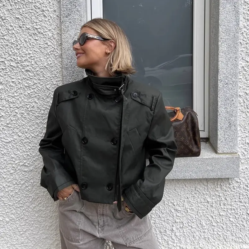 British Trench Coat Waxed High Collar Short Double Breasted Jacket Loose Casual Versatile Popular Autumn Fashion