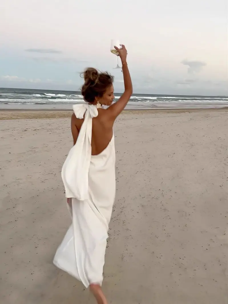 Flower Satin Neck Hanging Summer Cool Feeling Retro White Hook Flower Neck Hanging Evening Dress Long Skirt