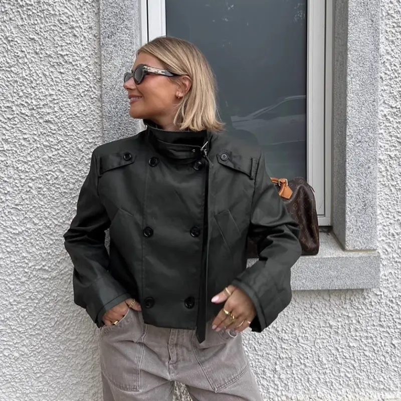 British Trench Coat Waxed High Collar Short Double Breasted Jacket Loose Casual Versatile Popular Autumn Fashion