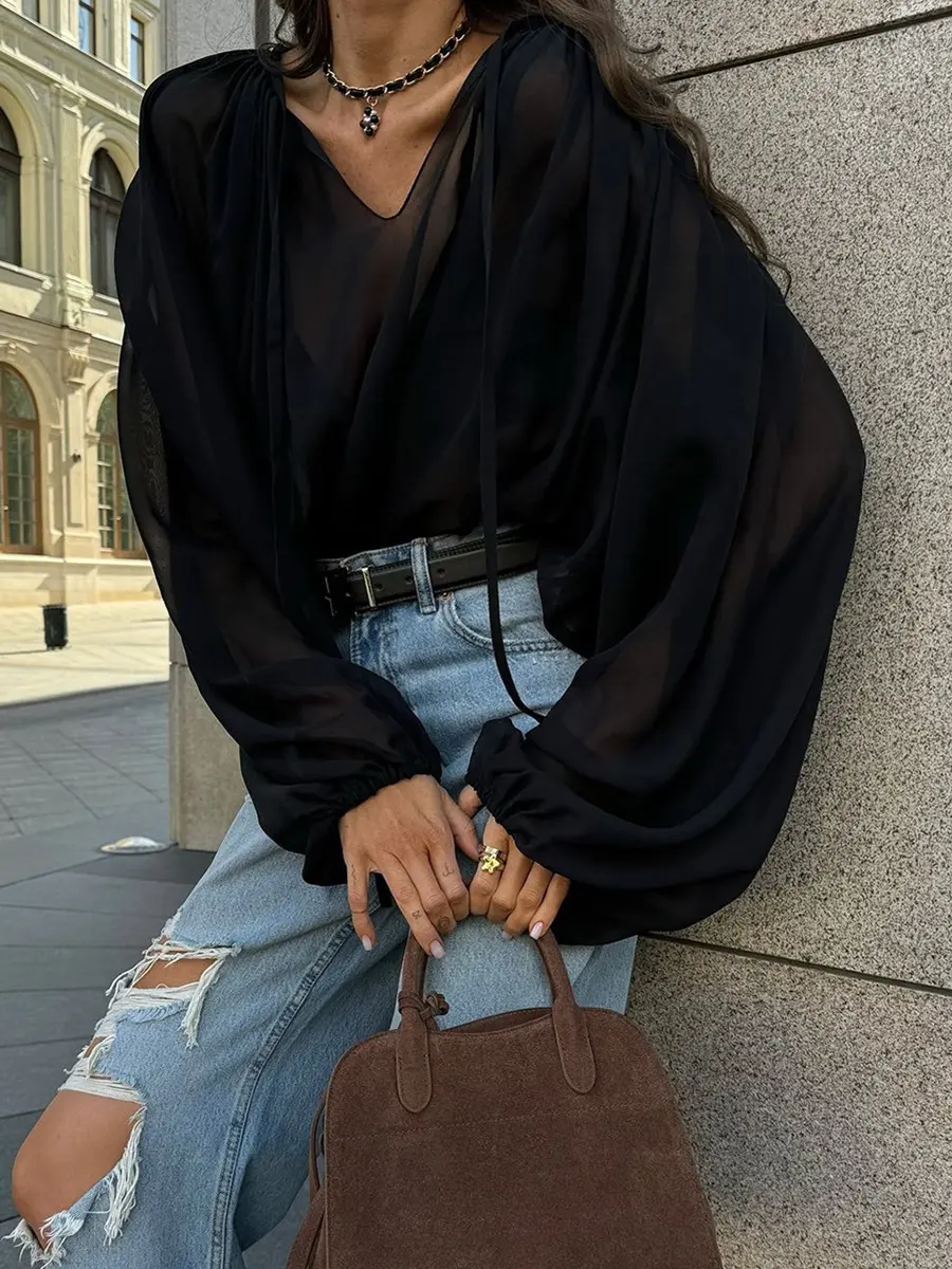 Autumn and Winter Sexy Slightly Transparent Chiffon Black Mysterious Loose V-neck Raglan Sleeve Lace up Shirt