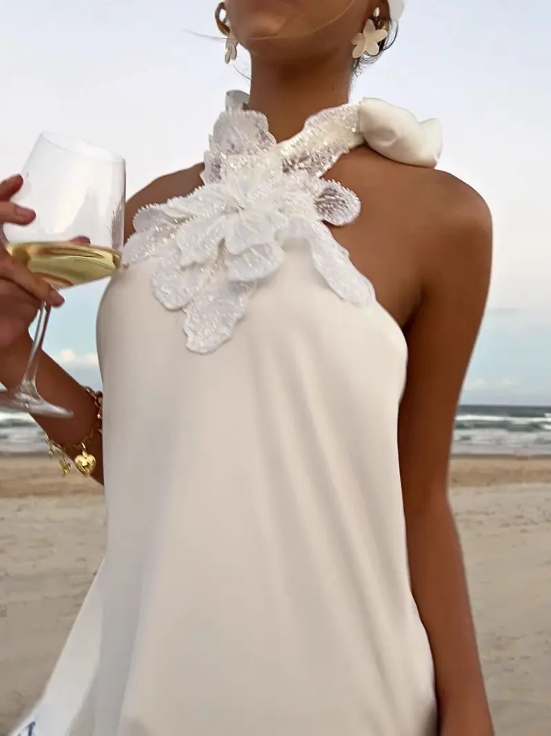 Flower Satin Neck Hanging Summer Cool Feeling Retro White Hook Flower Neck Hanging Evening Dress Long Skirt