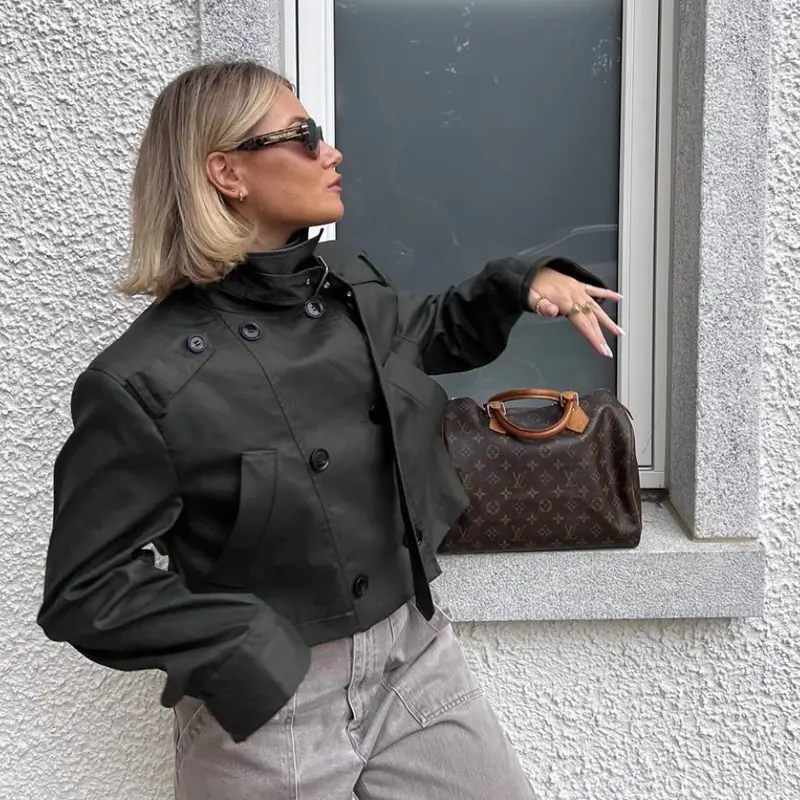 British Trench Coat Waxed High Collar Short Double Breasted Jacket Loose Casual Versatile Popular Autumn Fashion
