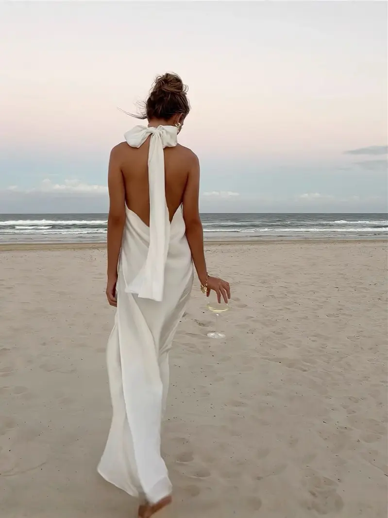 Flower Satin Neck Hanging Summer Cool Feeling Retro White Hook Flower Neck Hanging Evening Dress Long Skirt
