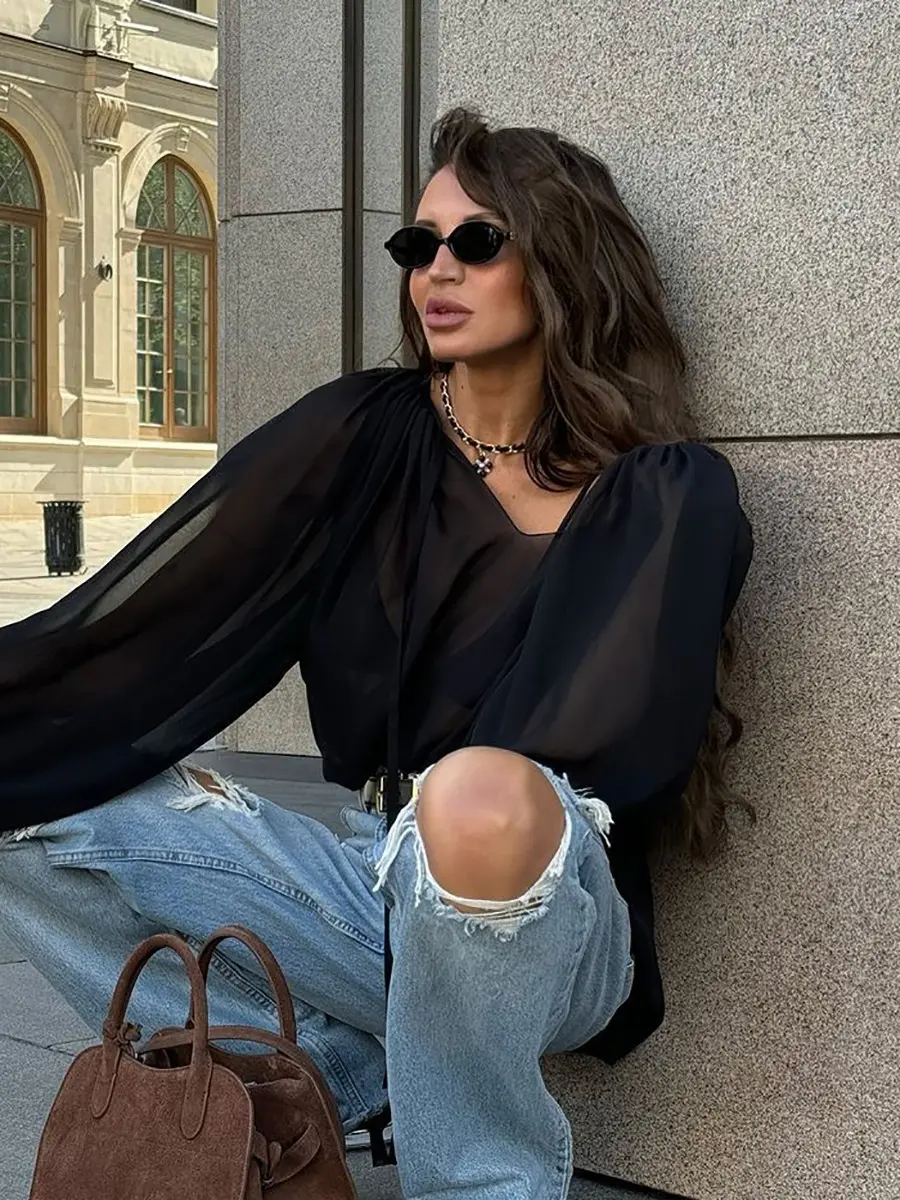 Autumn and Winter Sexy Slightly Transparent Chiffon Black Mysterious Loose V-neck Raglan Sleeve Lace up Shirt