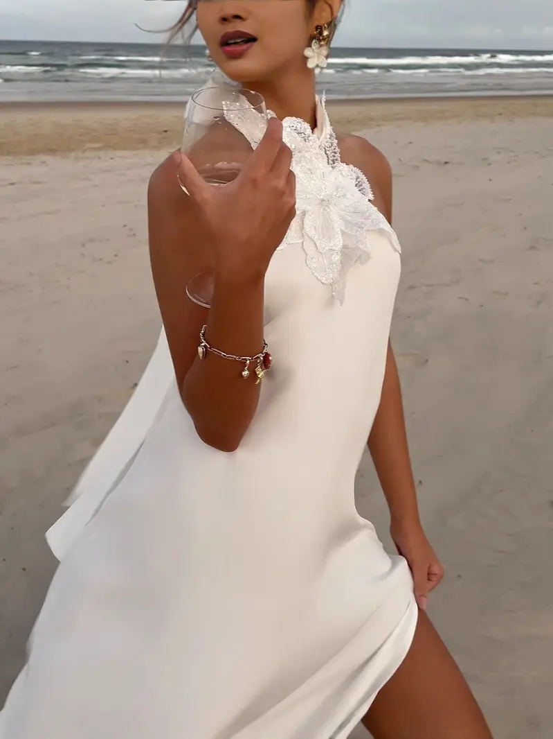Flower Satin Neck Hanging Summer Cool Feeling Retro White Hook Flower Neck Hanging Evening Dress Long Skirt