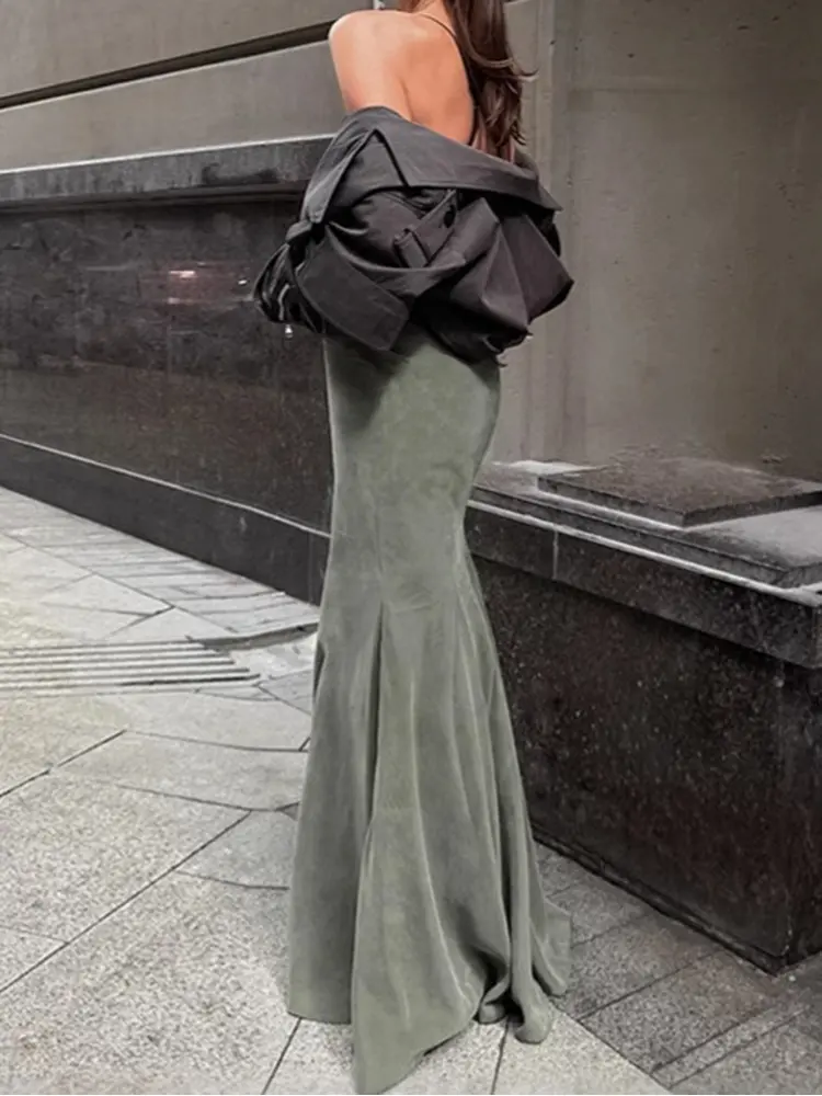Autumn Winter Retro Fashion Silver Fox Fur Green Slim Fit High Waist Hip Wrapped Fish Tail Half Skirt Elegant Casual Long Skirt