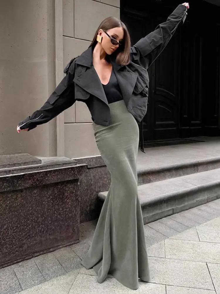 Autumn Winter Retro Fashion Silver Fox Fur Green Slim Fit High Waist Hip Wrapped Fish Tail Half Skirt Elegant Casual Long Skirt