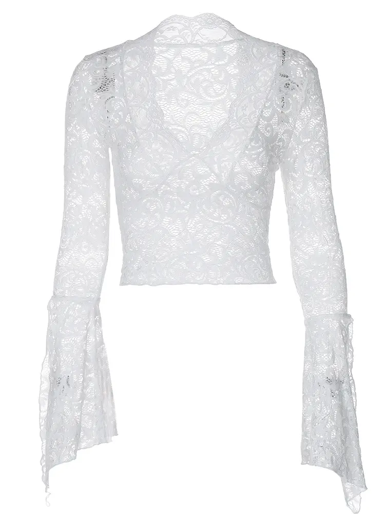 Sexy deep V Slim Fit Versatile Short Style With Exposed Navel Lace Long Sleeved Spicy Girl Style Lace Top