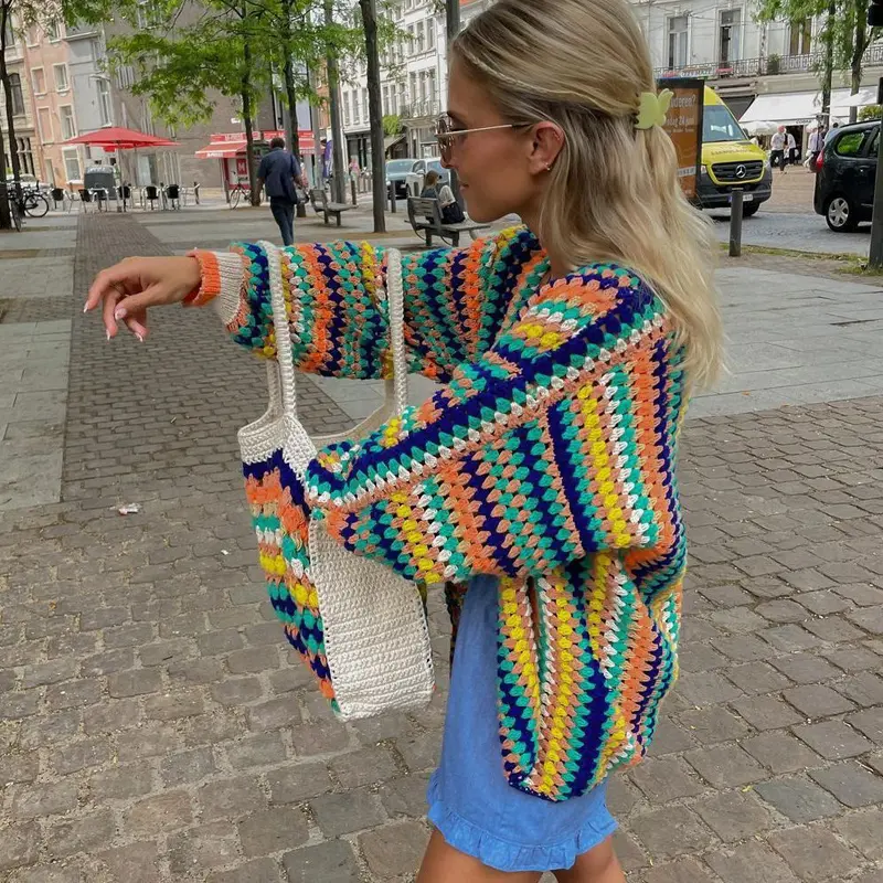 Striped Loose Rainbow Knitted Sweater Cardigan Jacket women's Knitted Sweater