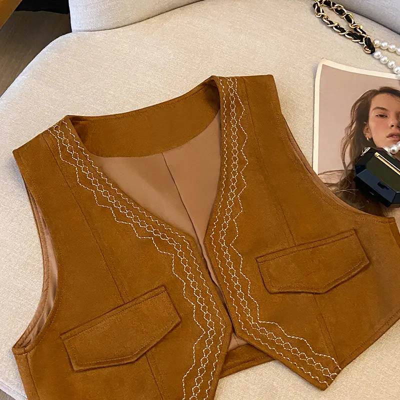 Maillard Retro Suede Embroidered Vest Women's Loose Brown Style Sleeveless Short Jacket Top