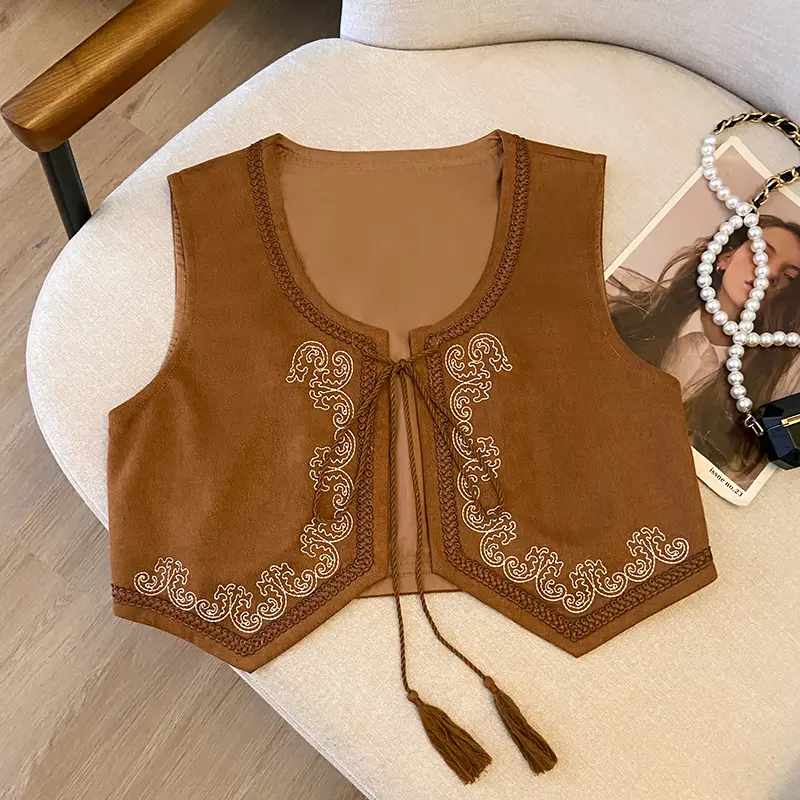 Ethnic Style Brown Suede Embroidered Lace Up Vest Women's Temperament Versatile Short Vest