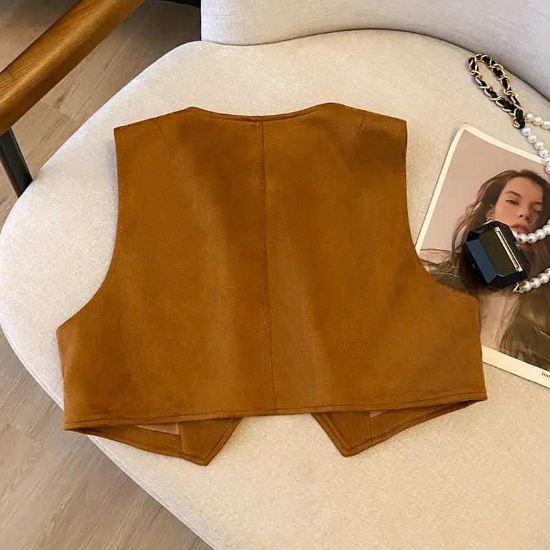 Maillard Retro Suede Embroidered Vest Women's Loose Brown Style Sleeveless Short Jacket Top
