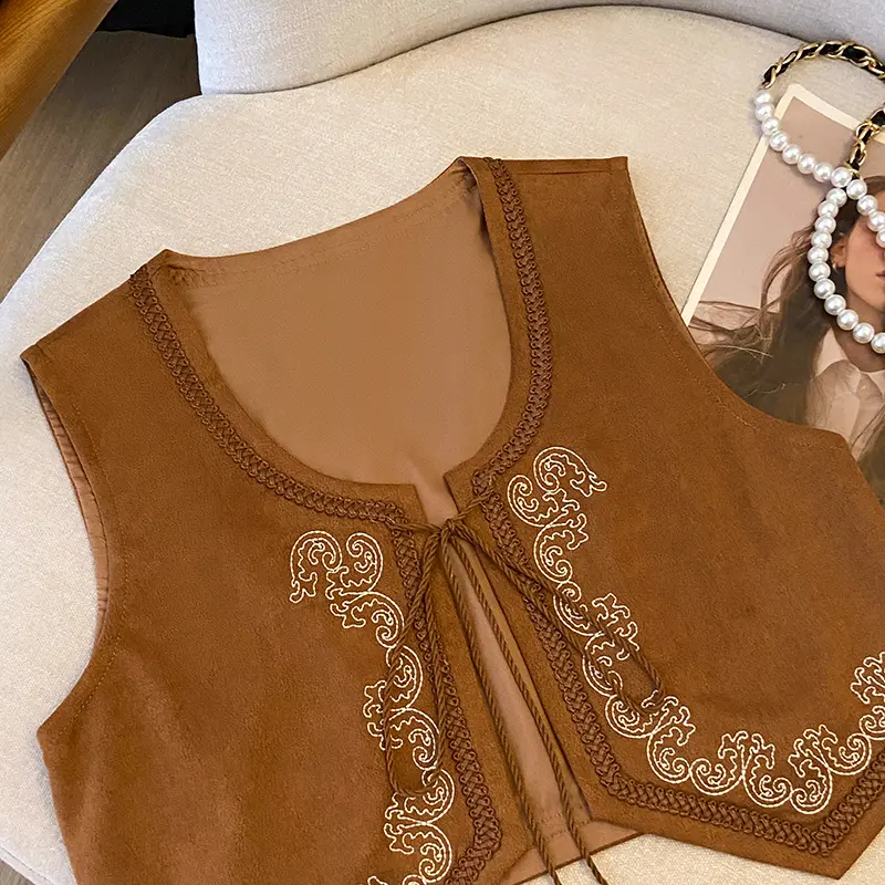 Ethnic Style Brown Suede Embroidered Lace Up Vest Women's Temperament Versatile Short Vest