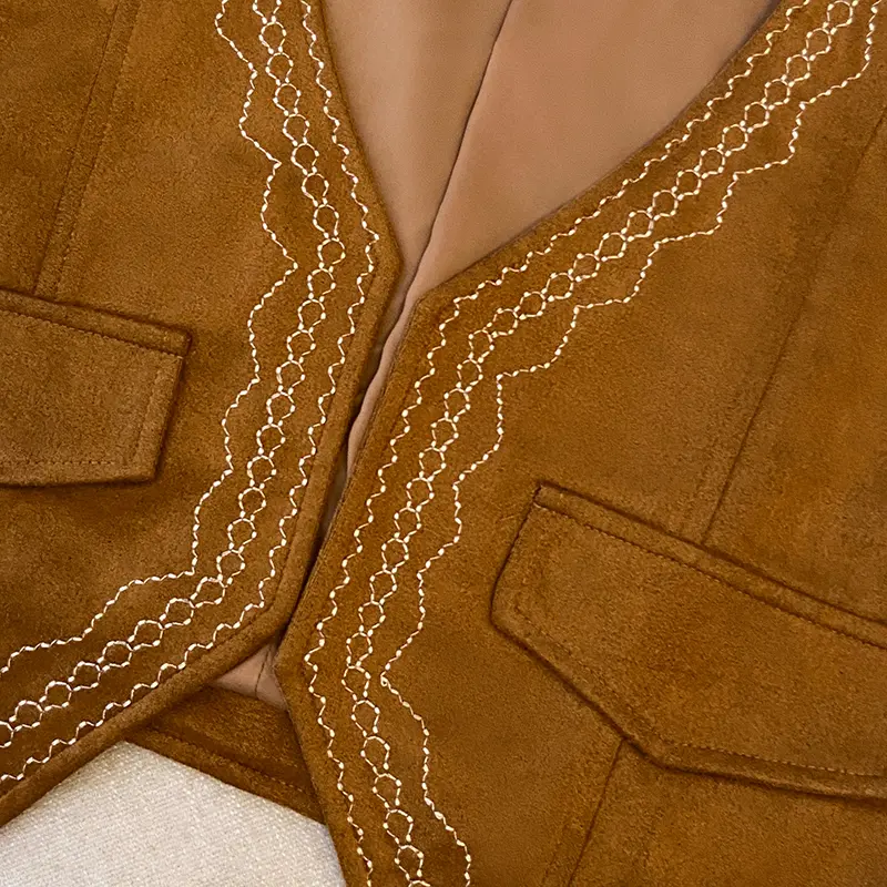 Maillard Retro Suede Embroidered Vest Women's Loose Brown Style Sleeveless Short Jacket Top