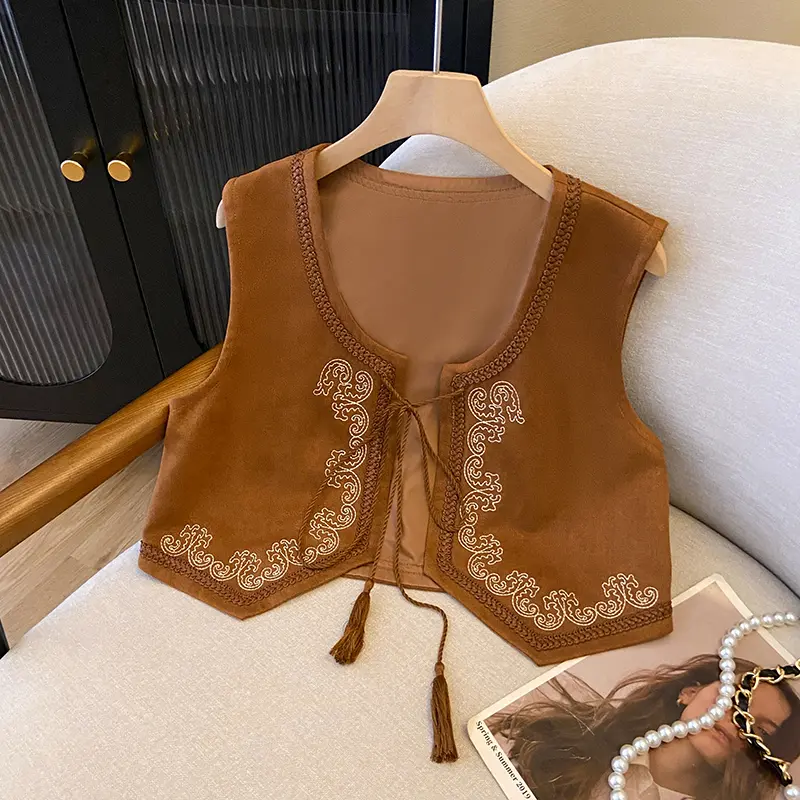 Ethnic Style Brown Suede Embroidered Lace Up Vest Women's Temperament Versatile Short Vest