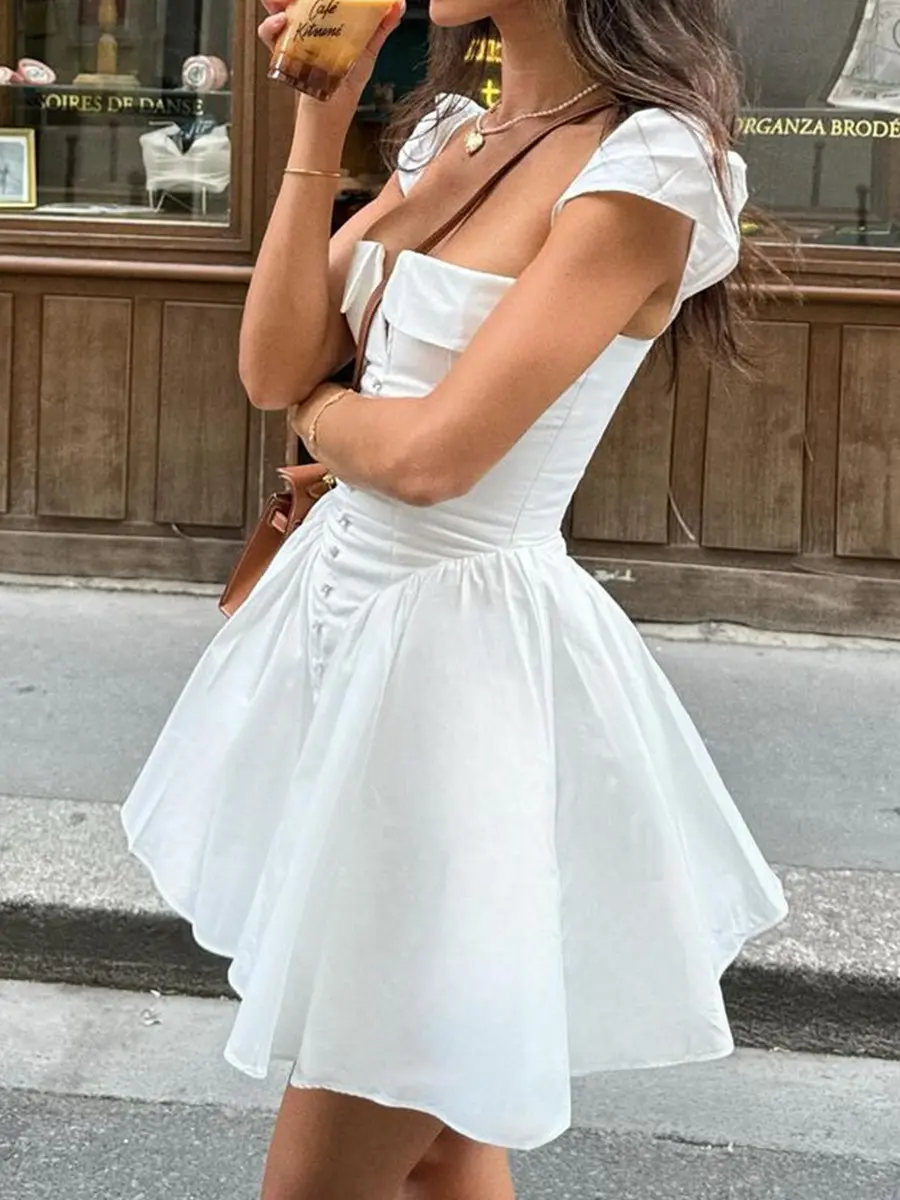 Spicy Girl Sexy Square Neck Flying Sleeve Backless Dress Waist Cinching Slimming Pleated Skirt Women's
