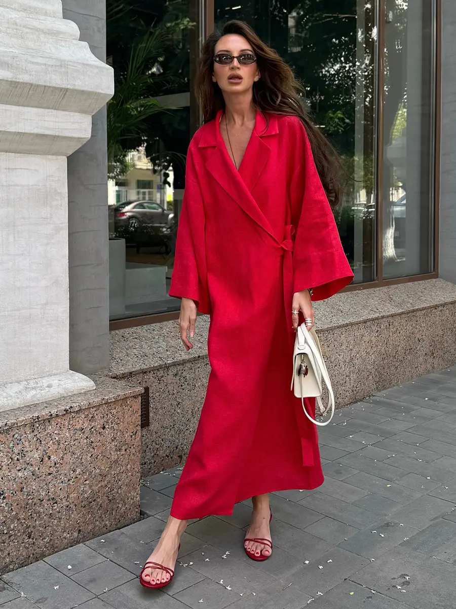 Cotton and Linen Dress Women's Autumn and Winter New Style Lazy and Casual Loose Robe Lapel and Lace Up Long Skirt