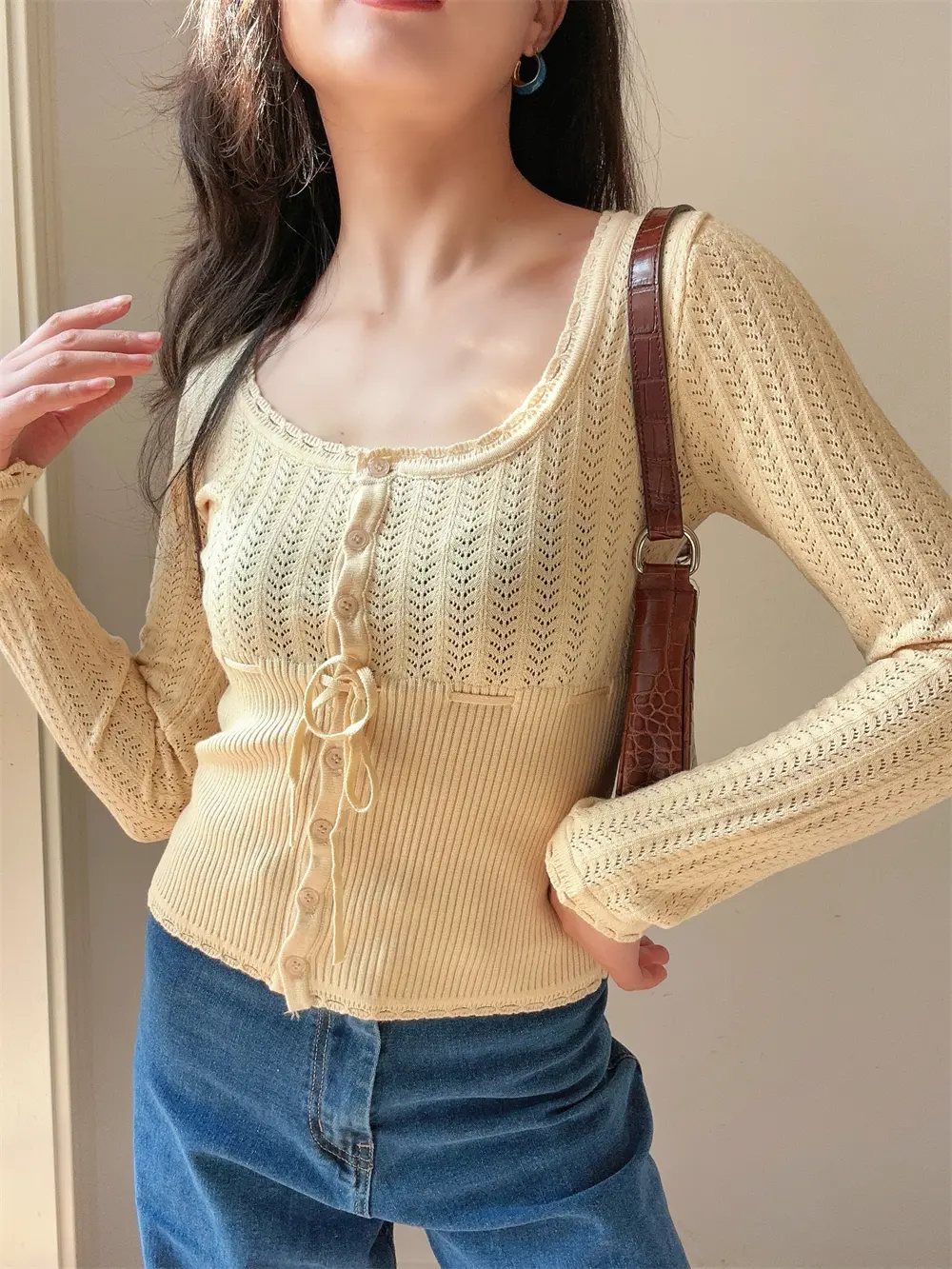 French Retro Square Neck Hook Flower Hollow Tie Waist Knit Sweater for Ladies Thin Sweater Jacket