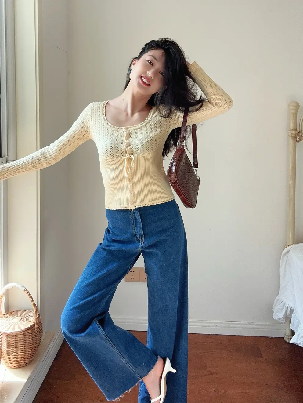 French Retro Square Neck Hook Flower Hollow Tie Waist Knit Sweater for Ladies Thin Sweater Jacket